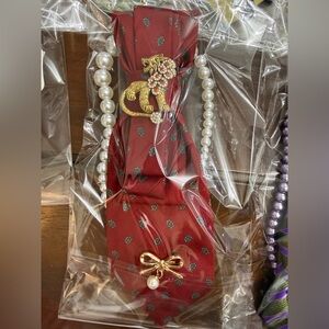 Upcycle Lion Tie necklace with Gold Brooch and Pearl Accents